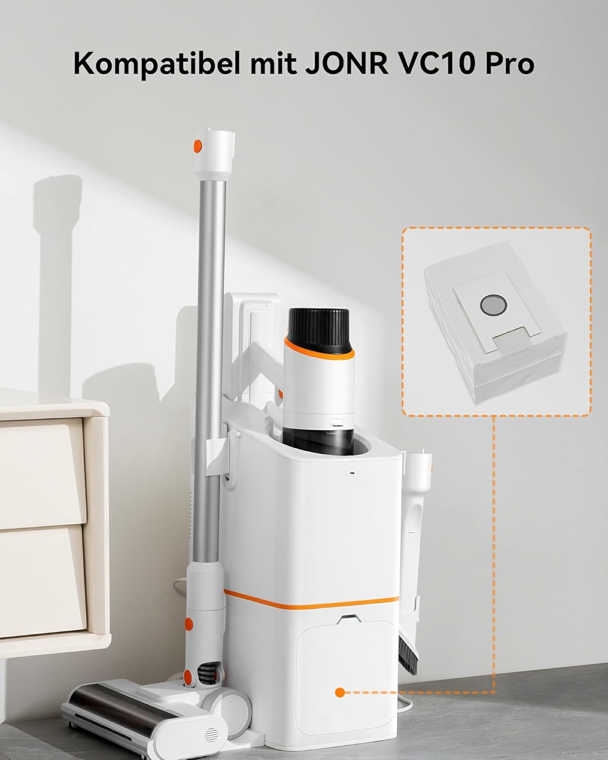 JONR VC08 Pro dust bag shown compatible with VC08 Pro docking station
