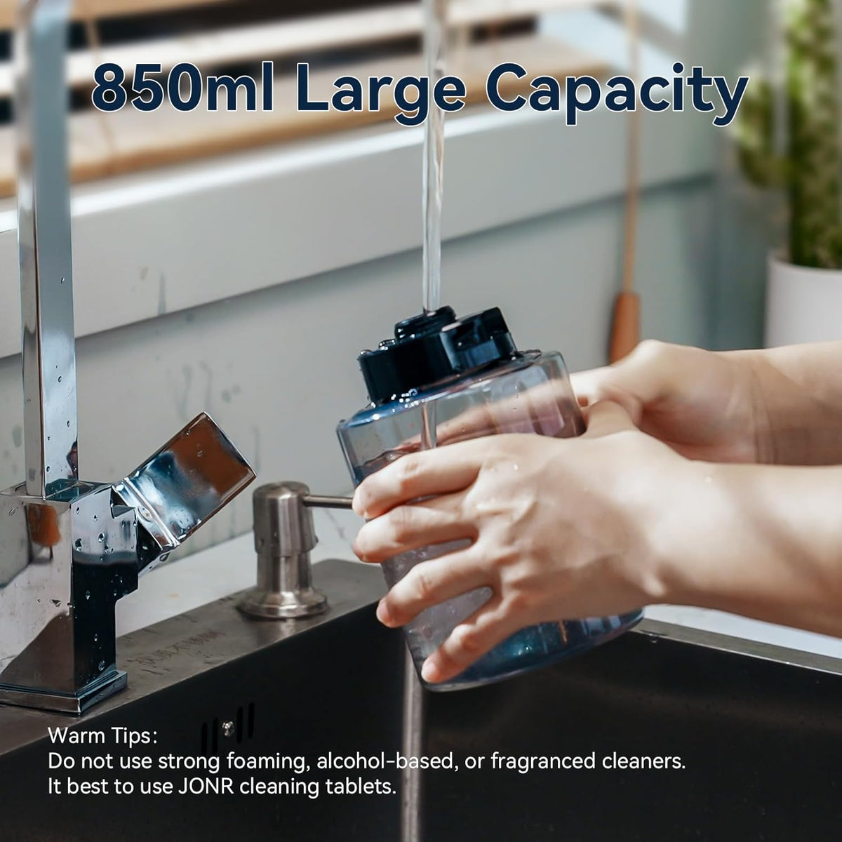 JONR ED12 clean water tank 850ml being filled under kitchen faucet