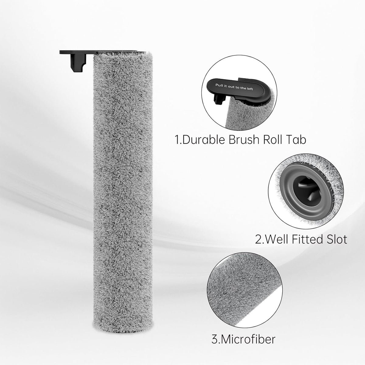 JONR S20 Pro roller brush detail showing durable tab, slot, and microfiber
