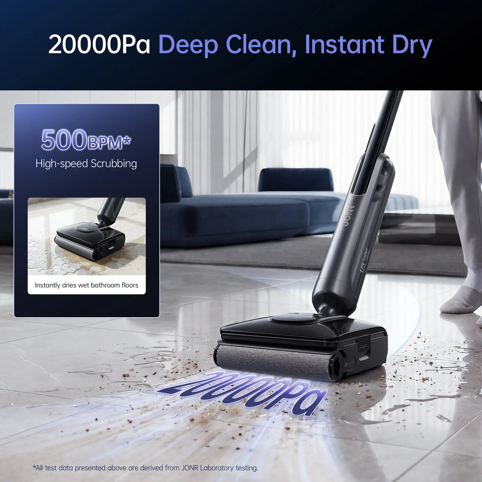 JONR H2 Pro 20000Pa suction cleaning wet bathroom floor with instant dry
