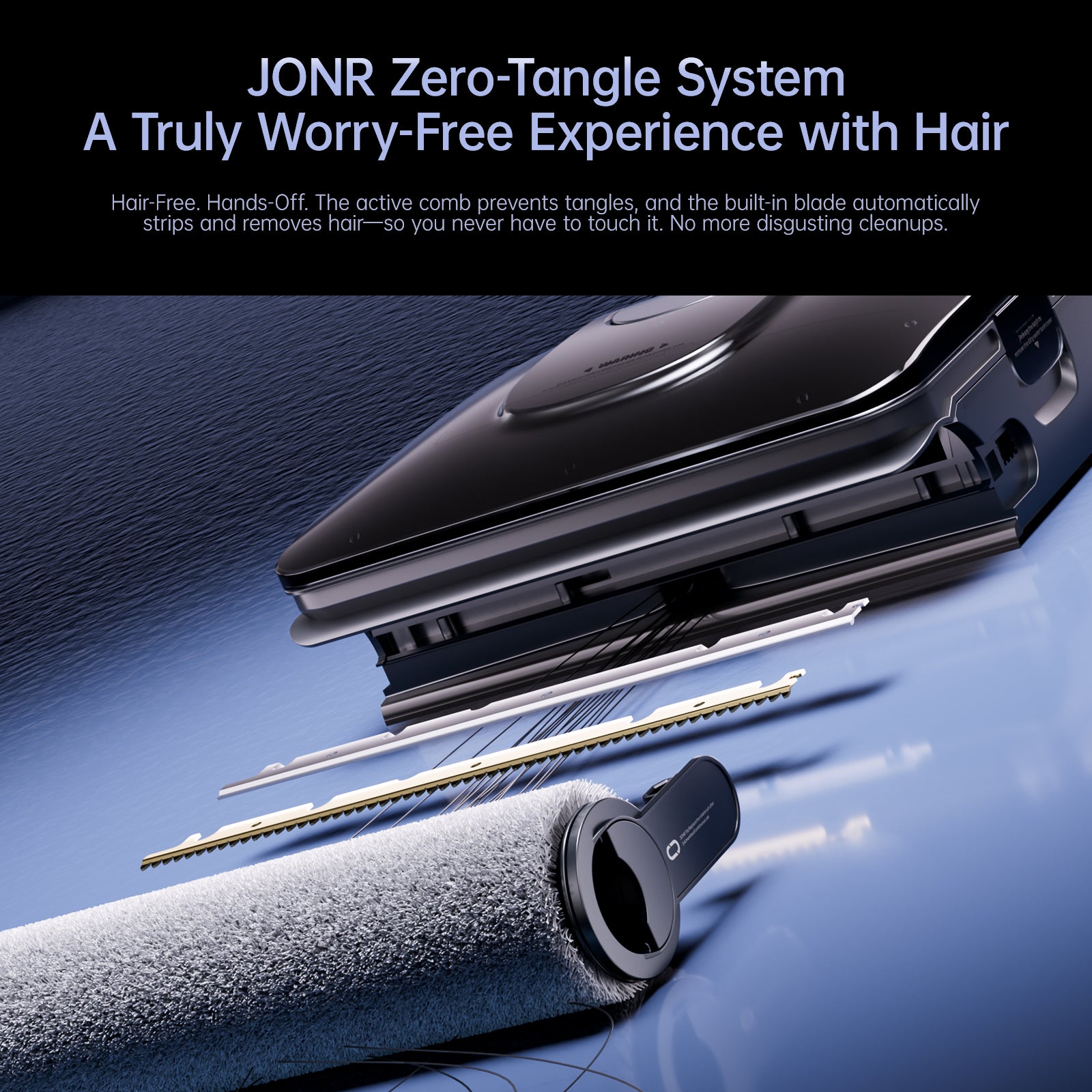 JONR H2 zero-tangle system close-up with comb blade and roller brush