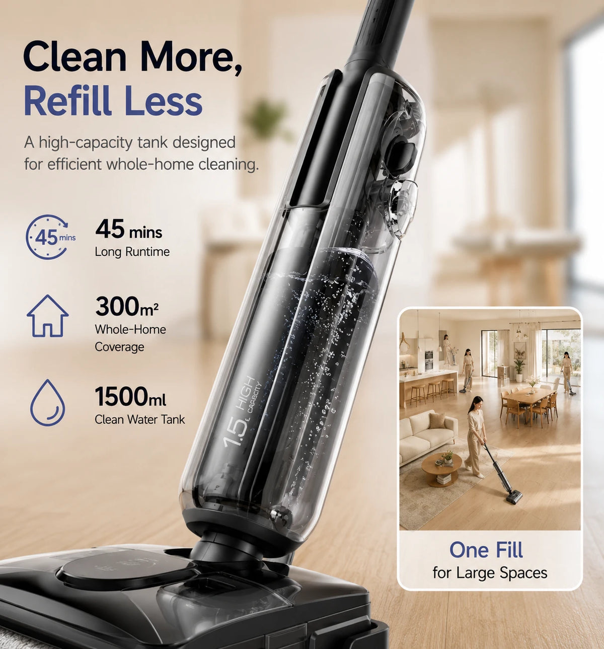 A cordless floor vacuum cleaner shown in a clean indoor setting with marketing text on the left and a small inset showing a person using it. The product is predominantly black and dark gray with a transparent water tank.
