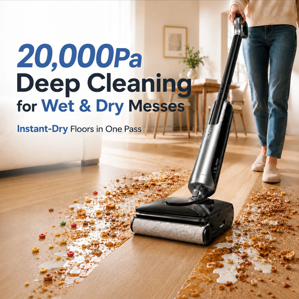 A person using a cordless wet and dry floor cleaner on a wooden floor covered with spilled food and liquid. Large text on the left reads '20,000Pa Deep Cleaning for Wet & Dry Messes' and 'Instant-Dry Floors in One Pass.
