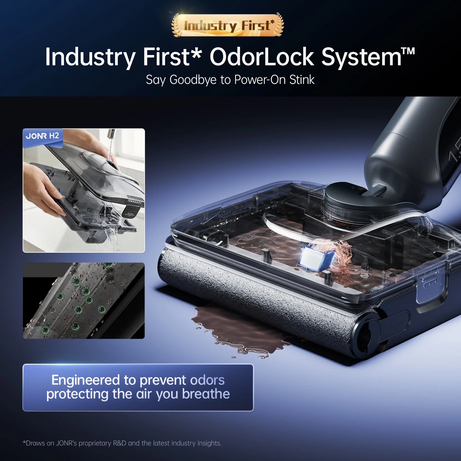 JONR H2 Pro OdorLock system cutaway showing dirty water tank separation