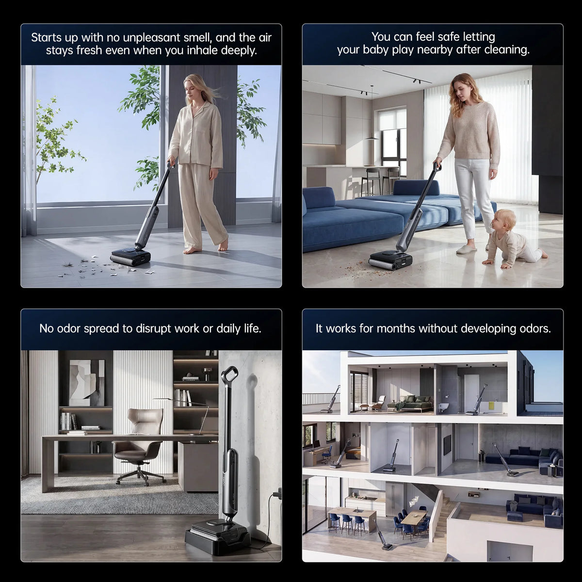JONR H2 Pro in four household scenes showing odor-free operation