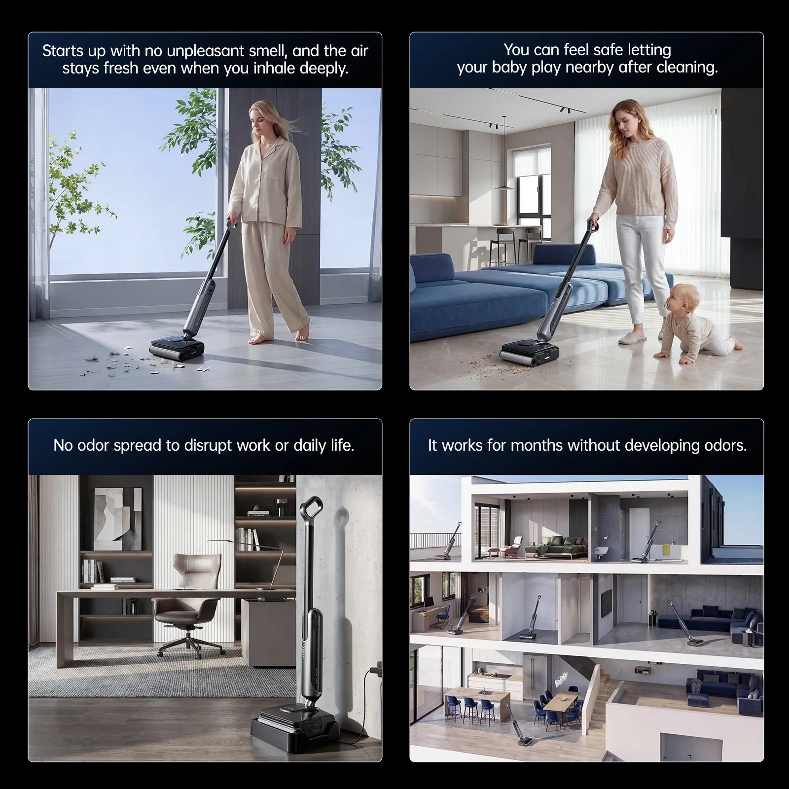 JONR H2 Pro in four household scenes showing odor-free operation