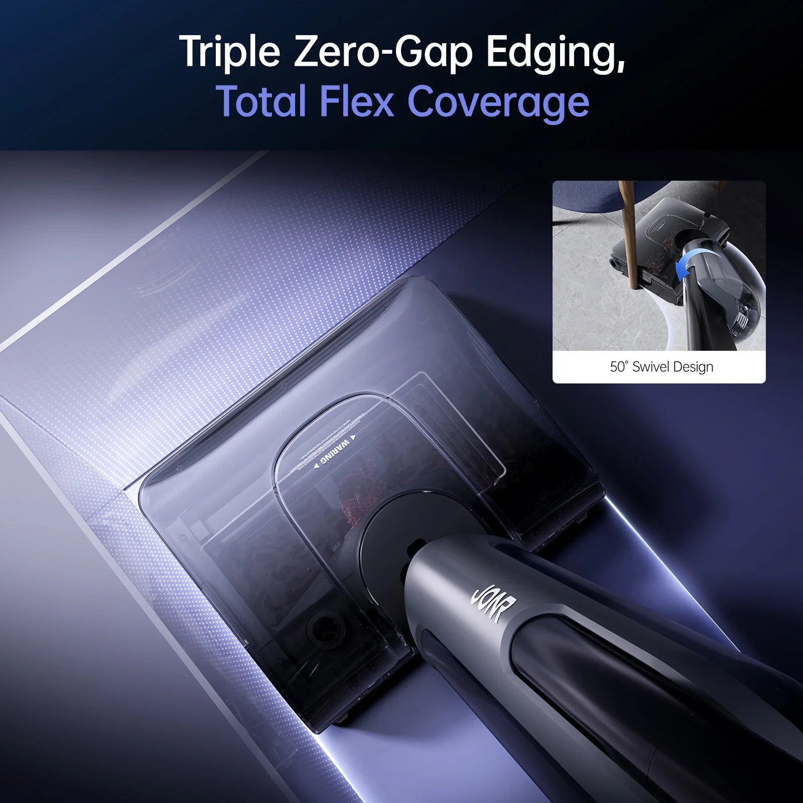 JONR H2 Pro zero-gap edge cleaning along wall with 50-degree swivel head