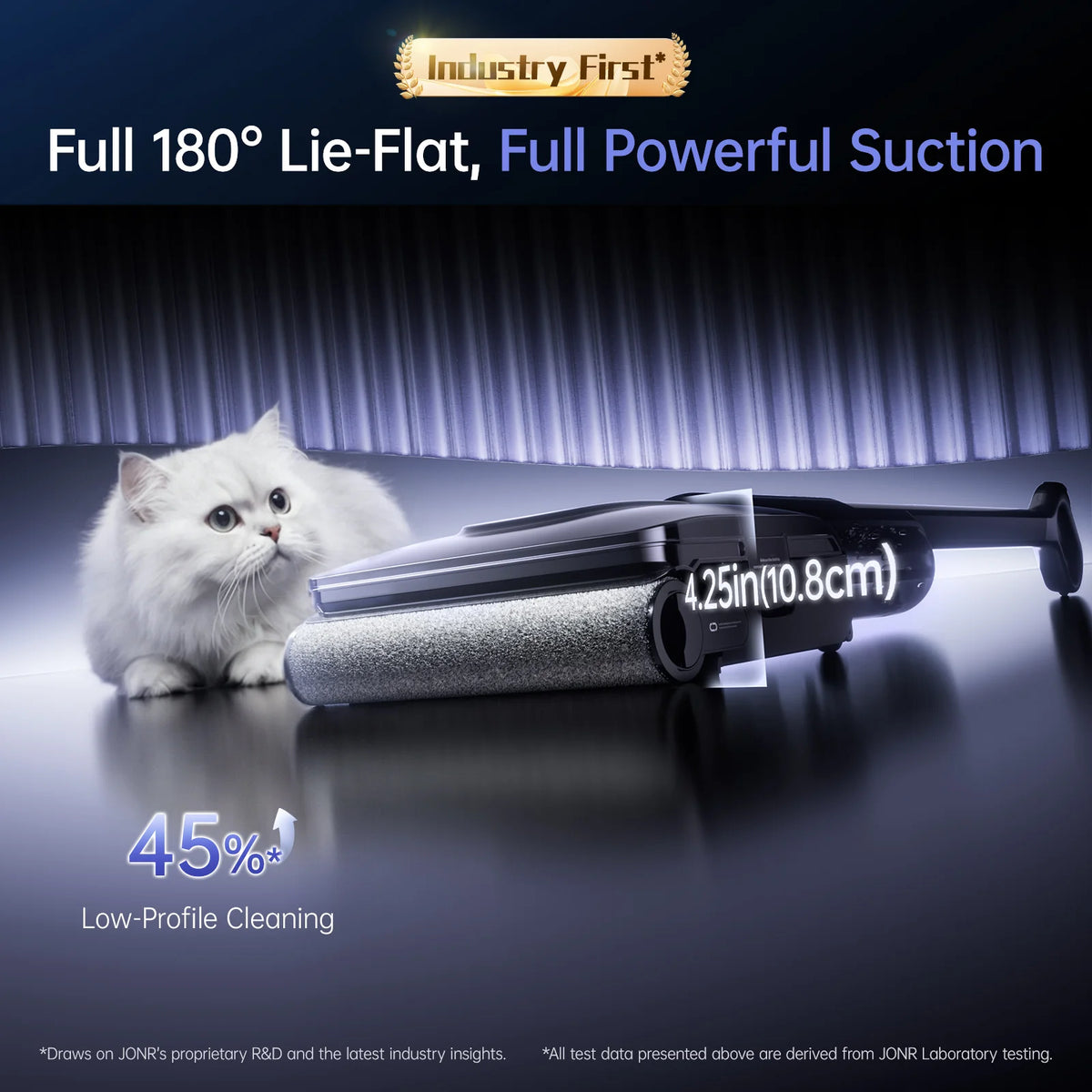 JONR H2 Pro 180-degree lie-flat cleaning under low furniture with cat nearby
