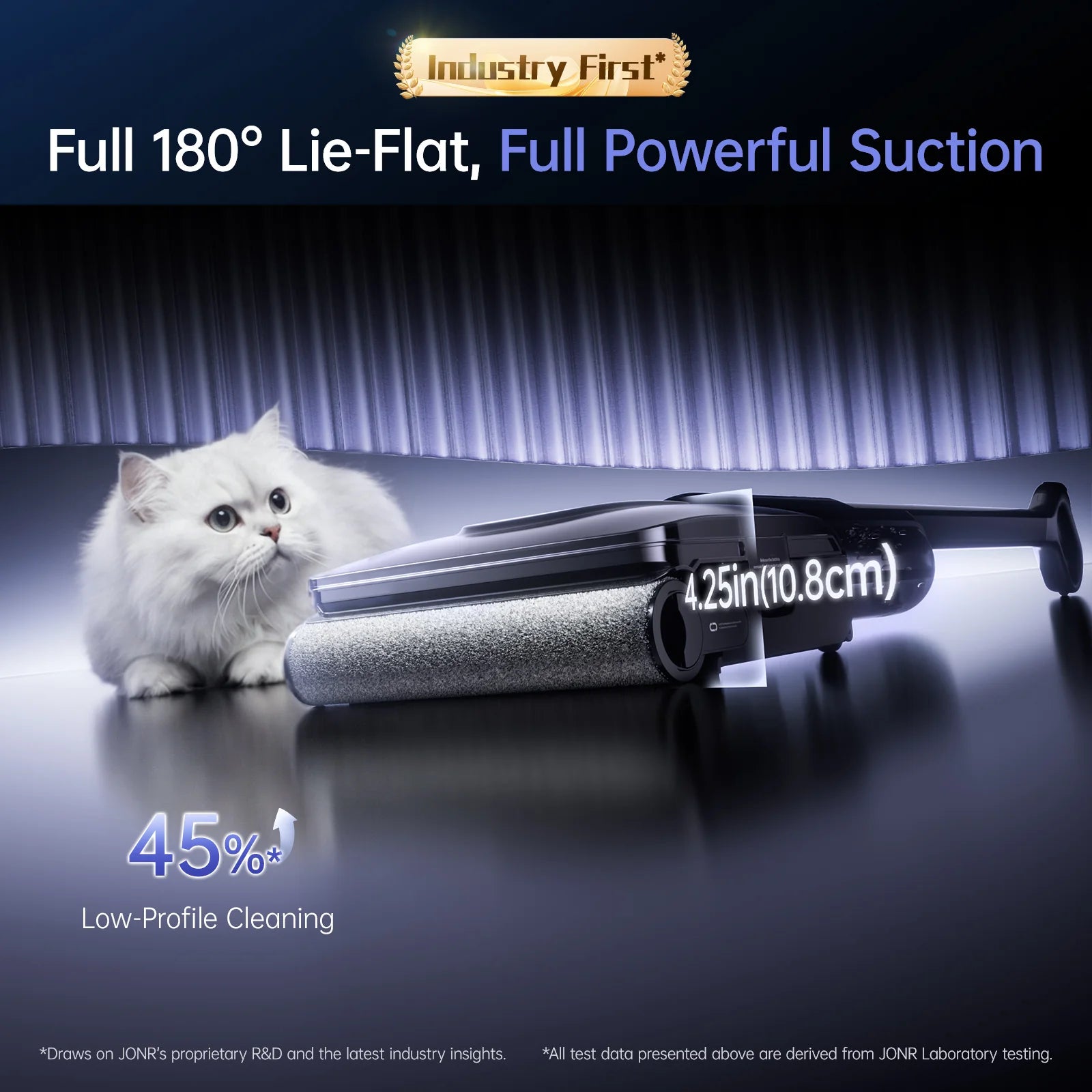 JONR H2 Pro 180-degree lie-flat cleaning under low furniture with cat nearby