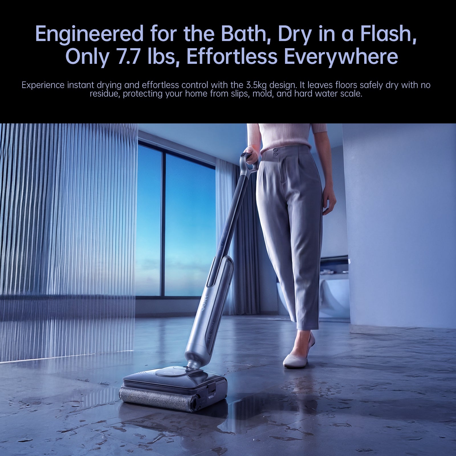 JONR H2 lightweight 7.7 lbs in use on bathroom floor by woman