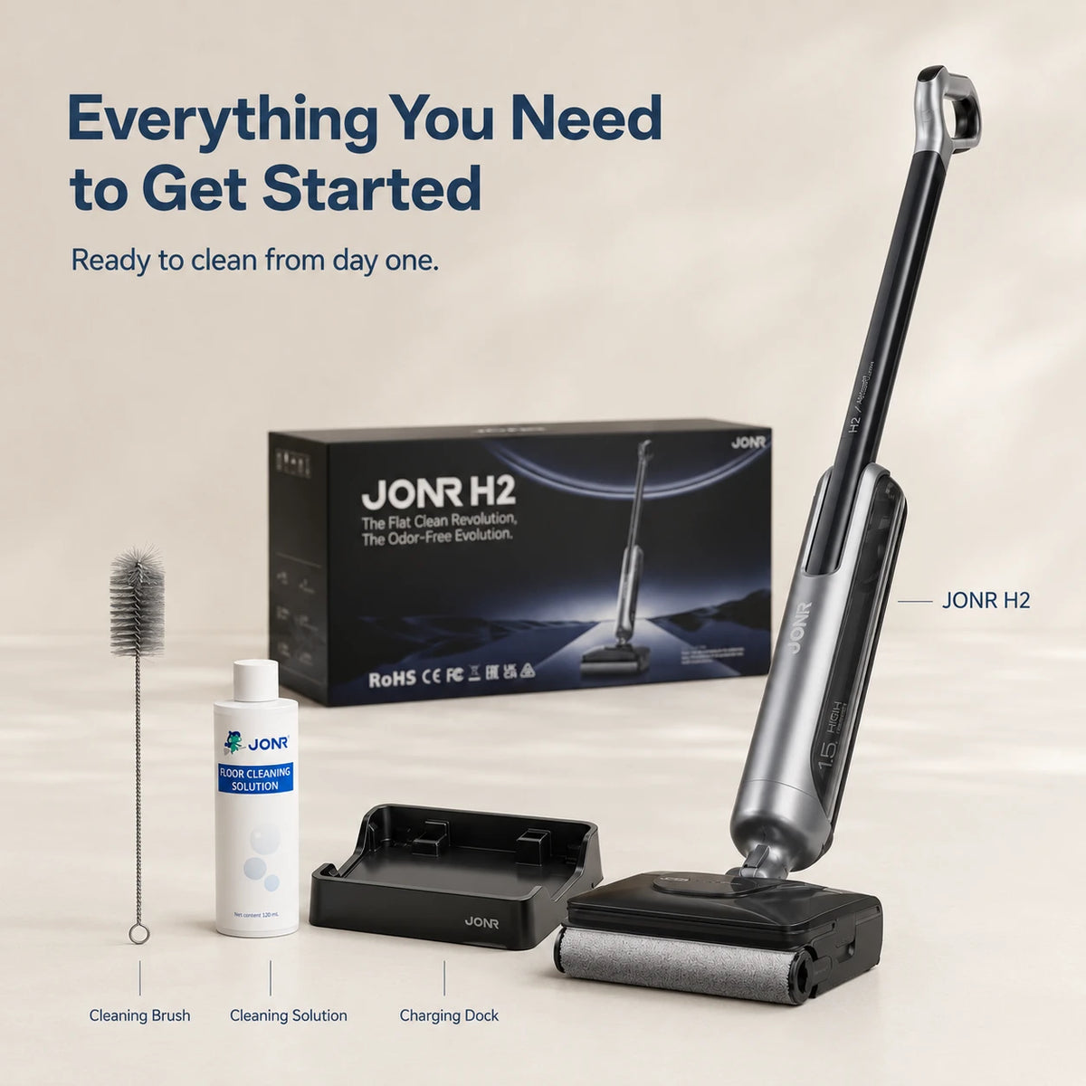 Jonr H2 cordless floor cleaner set displayed with its box, cleaning brush, cleaning solution bottle, and charging dock on a light beige background with promotional text.