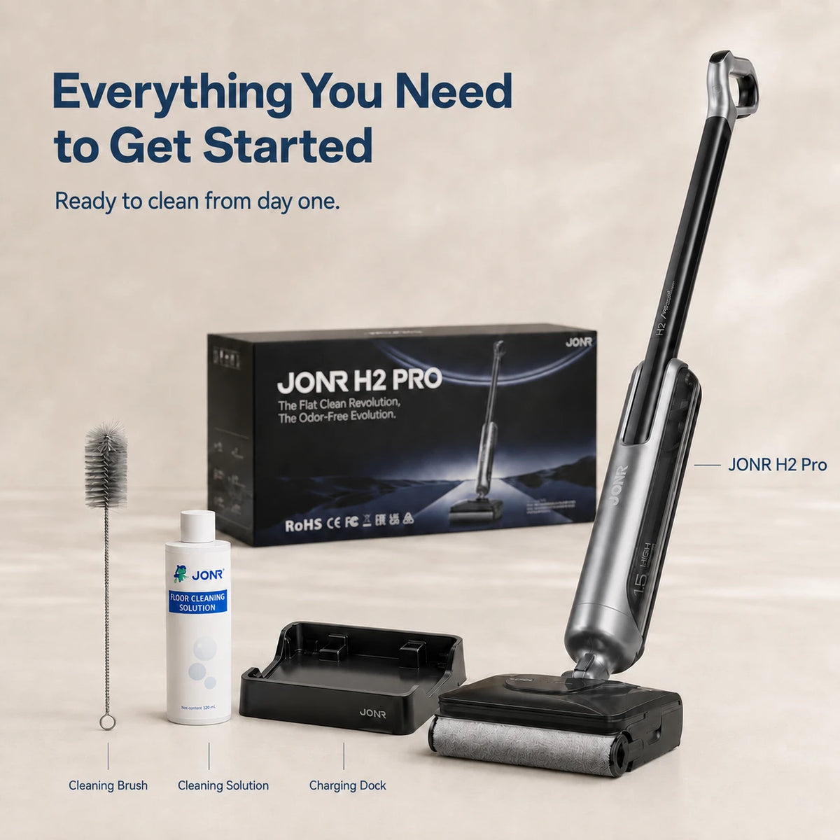 Jonr H2 Pro cordless floor cleaner set displayed with its box, cleaning brush, cleaning solution bottle, and charging dock on a beige background with promotional text.