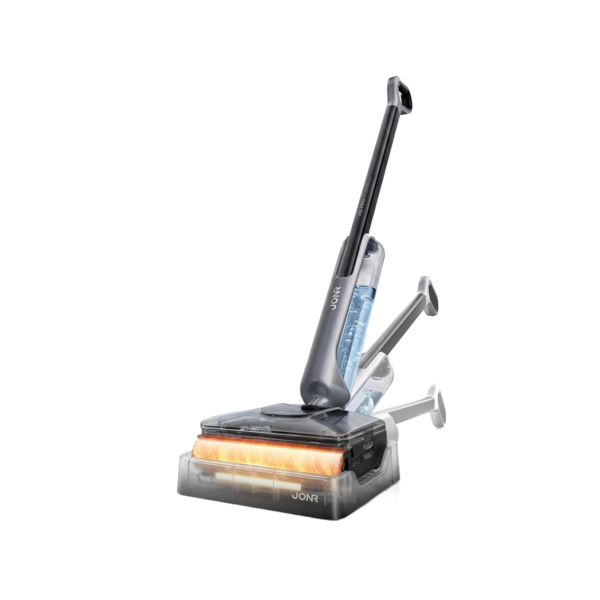 A JONR cordless stick vacuum cleaner with an orange heating element visible on the base, shown with its transparent storage bag partially inflated on a white background.