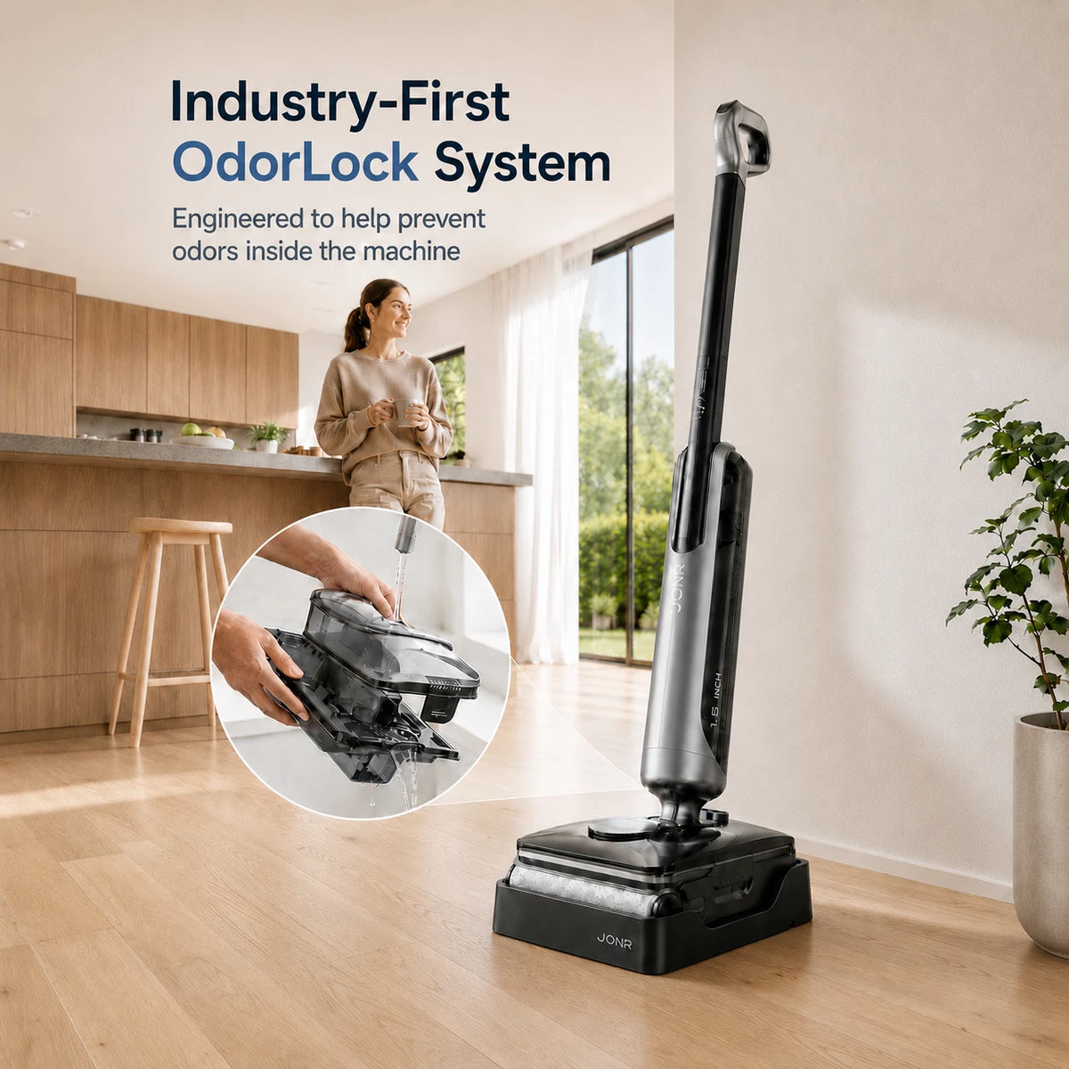 A cordless floor cleaner standing on a charging base in a bright modern kitchen/living space, with promotional text reading 'Industry-First OdorLock System' and a circular inset showing a person rinsing the cleaner. The product itself is black and dark gray.