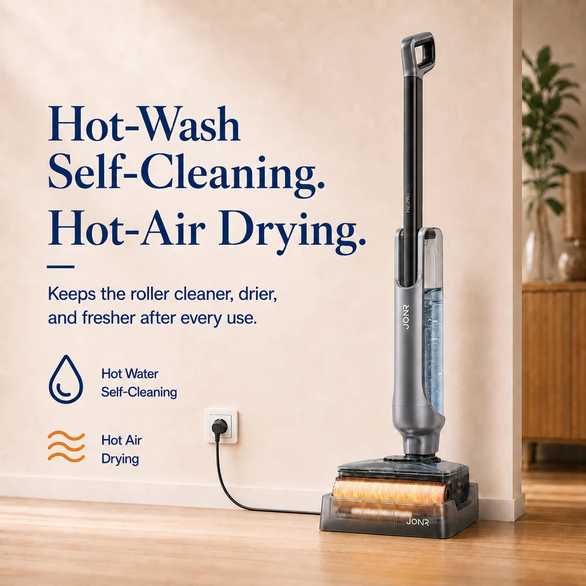 A Jove cordless steam cleaner stands on a wooden floor against a beige wall, with promotional text on the left describing hot-wash self-cleaning and hot-air drying features.