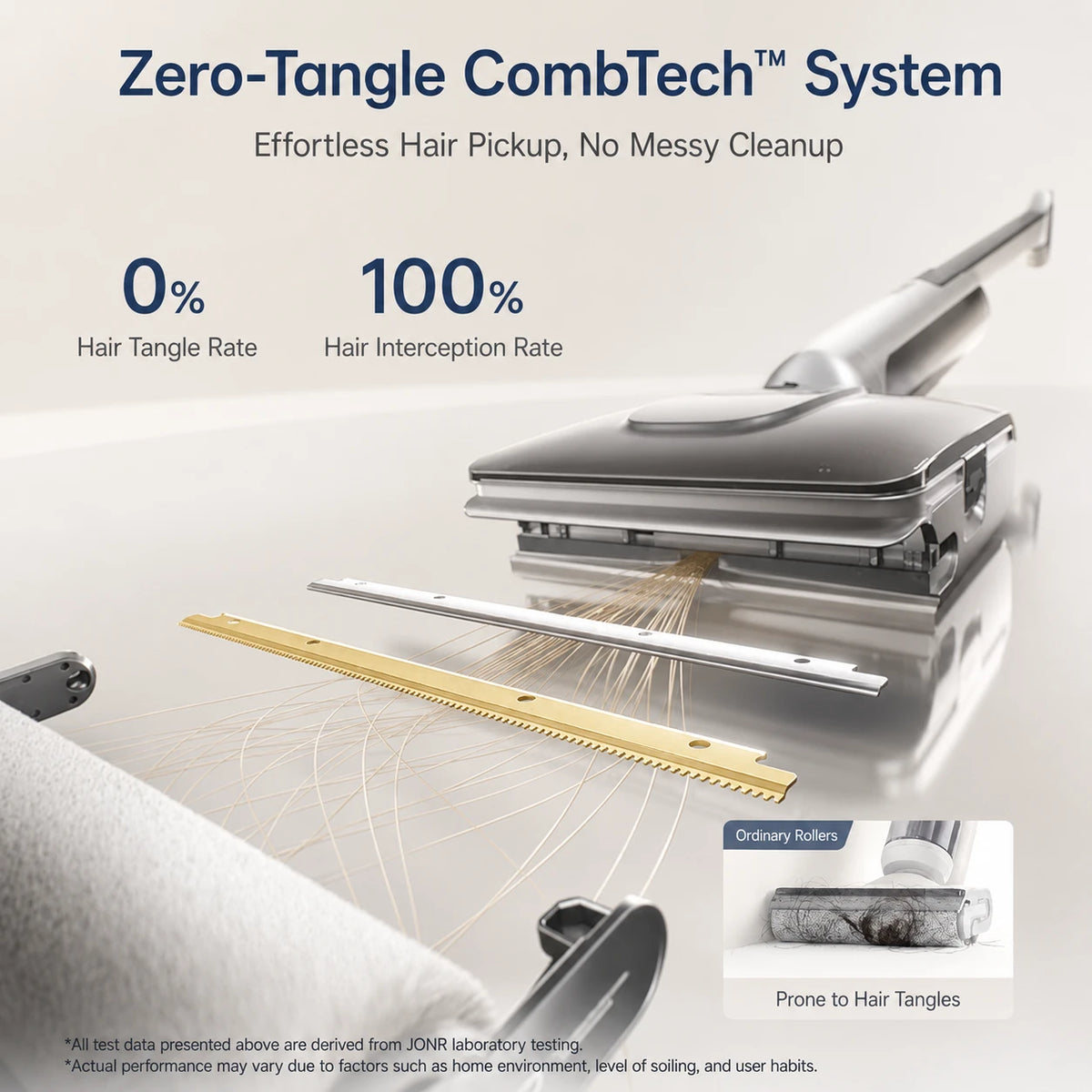Zero-Tangle CombTech System hair removal tool shown on a clean light gray background with marketing text, a close-up of the device opening, a gold comb-like attachment, and a small inset labeled 'Prone to Hair Tangles.'.