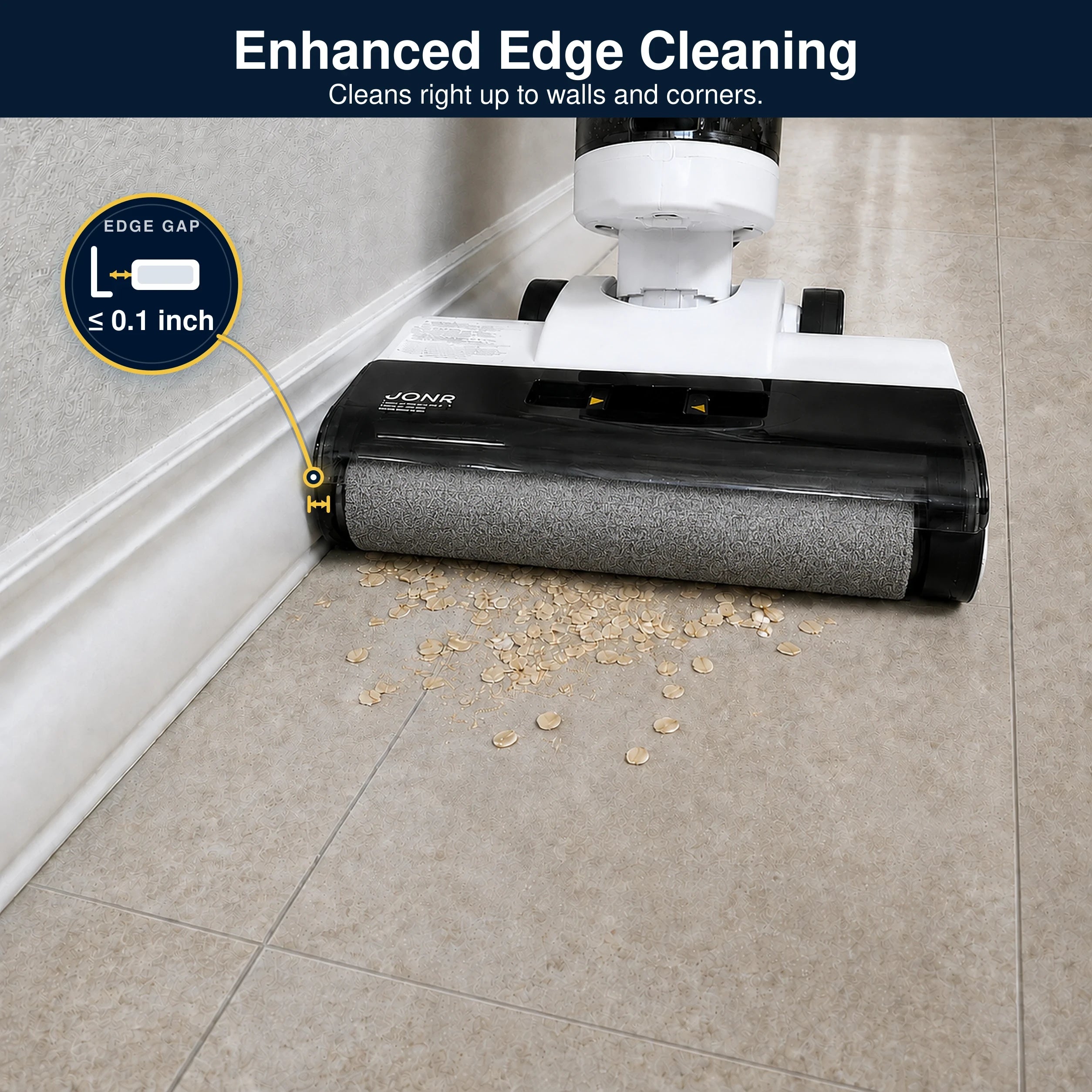A Jona cordless vacuum cleaner shown from above, cleaning beige tile flooring next to a white baseboard. The image includes a dark blue header at the top with the text 'Enhanced Edge Cleaning' and a circular inset graphic showing the vacuum's edge gap is ≤ 0.