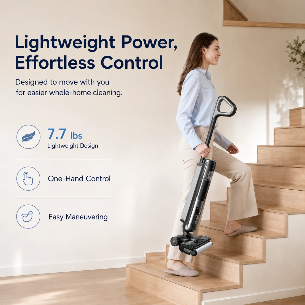 A woman in a light blue shirt and beige pants is shown using a cordless stick vacuum cleaner while climbing wooden stairs in a bright indoor setting. The image includes marketing text on the left highlighting lightweight power, effortless control, 7.