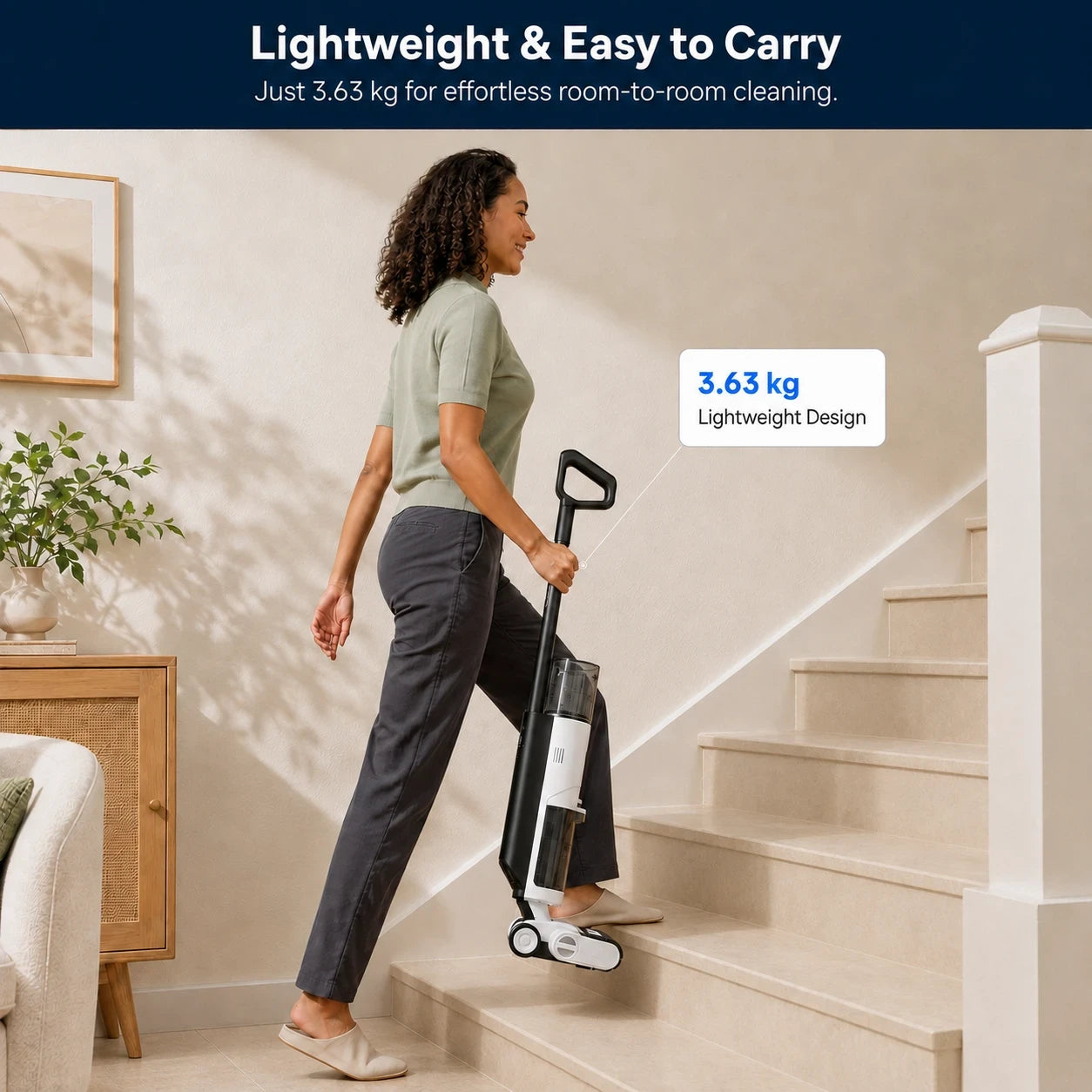 A woman carries a compact cordless stick vacuum up a set of indoor stairs in a bright home. Text at the top reads 'Lightweight & Easy to Carry' and a callout says '3.