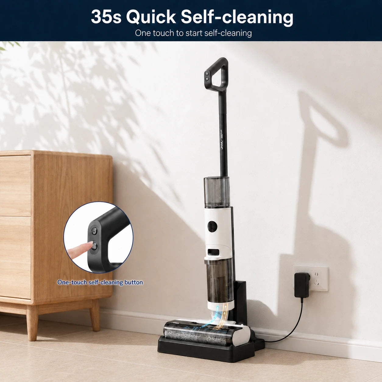 A cordless floor cleaner in a home setting next to a wooden cabinet, with a dark blue banner at the top reading '35s Quick Self-cleaning' and a circular inset showing a finger pressing a button.