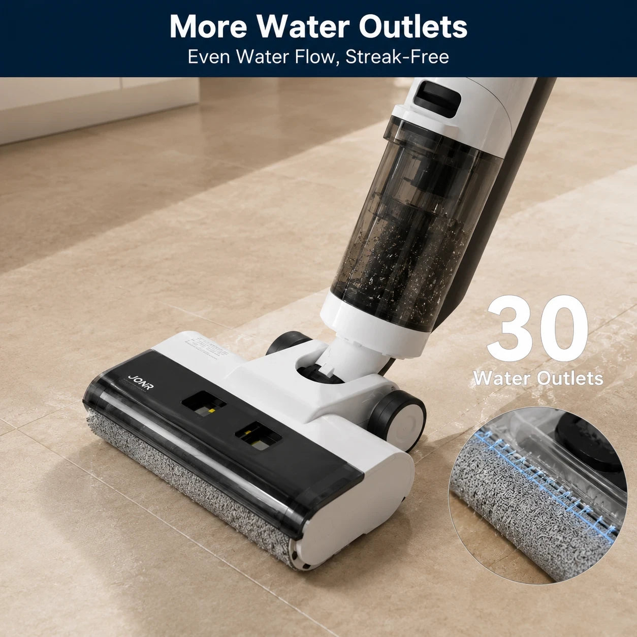 A cordless floor cleaner shown on a beige tiled floor with promotional text reading 'More Water Outlets' and '30 Water Outlets,' plus a circular inset showing the mop head detail.