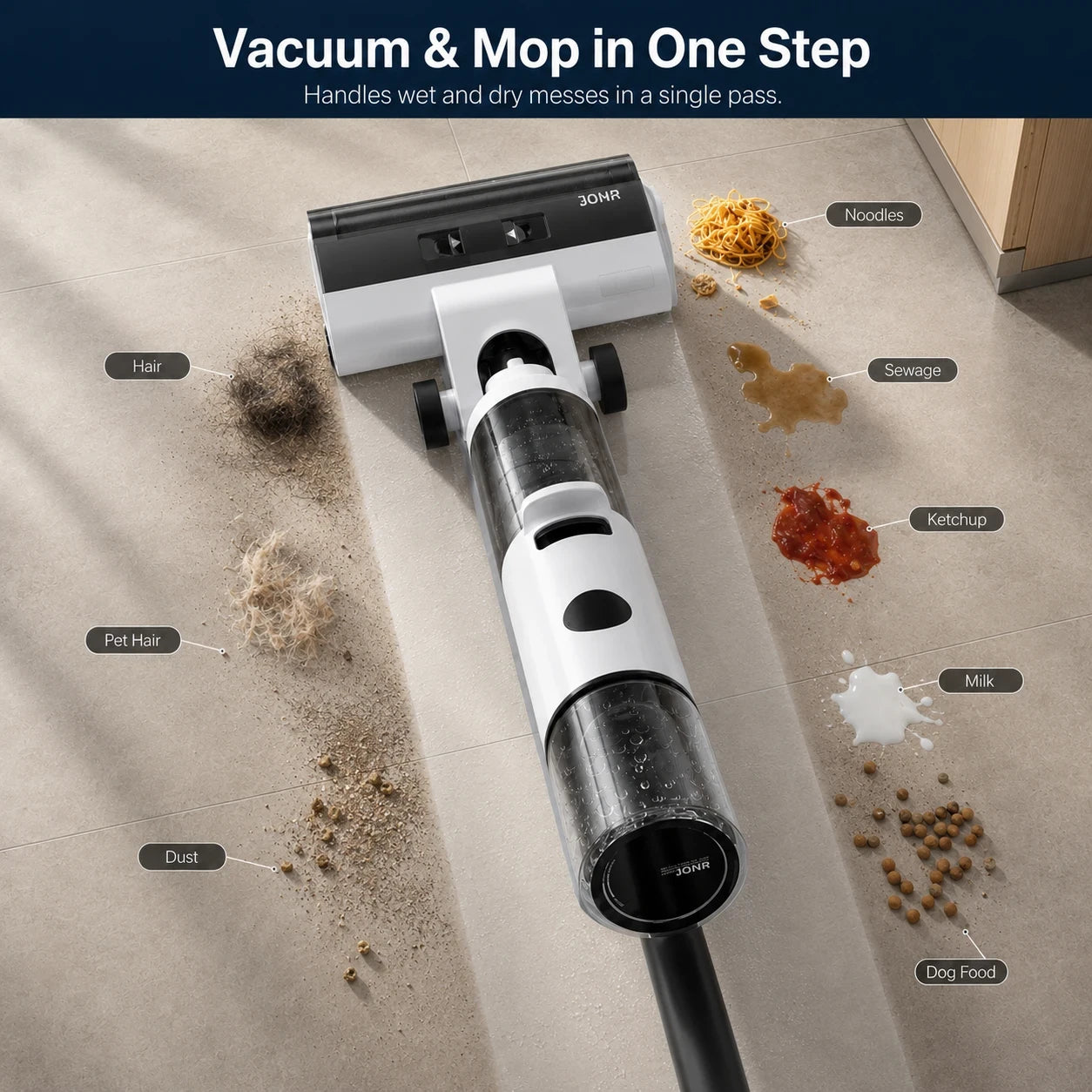 A cordless stick vacuum cleaner with a transparent dust bin is shown on a beige floor, angled diagonally. The image includes various labeled dirty marks (noodles, sewage, ketchup, milk, pet hair, dust) that the vacuum can pick up in one pass.